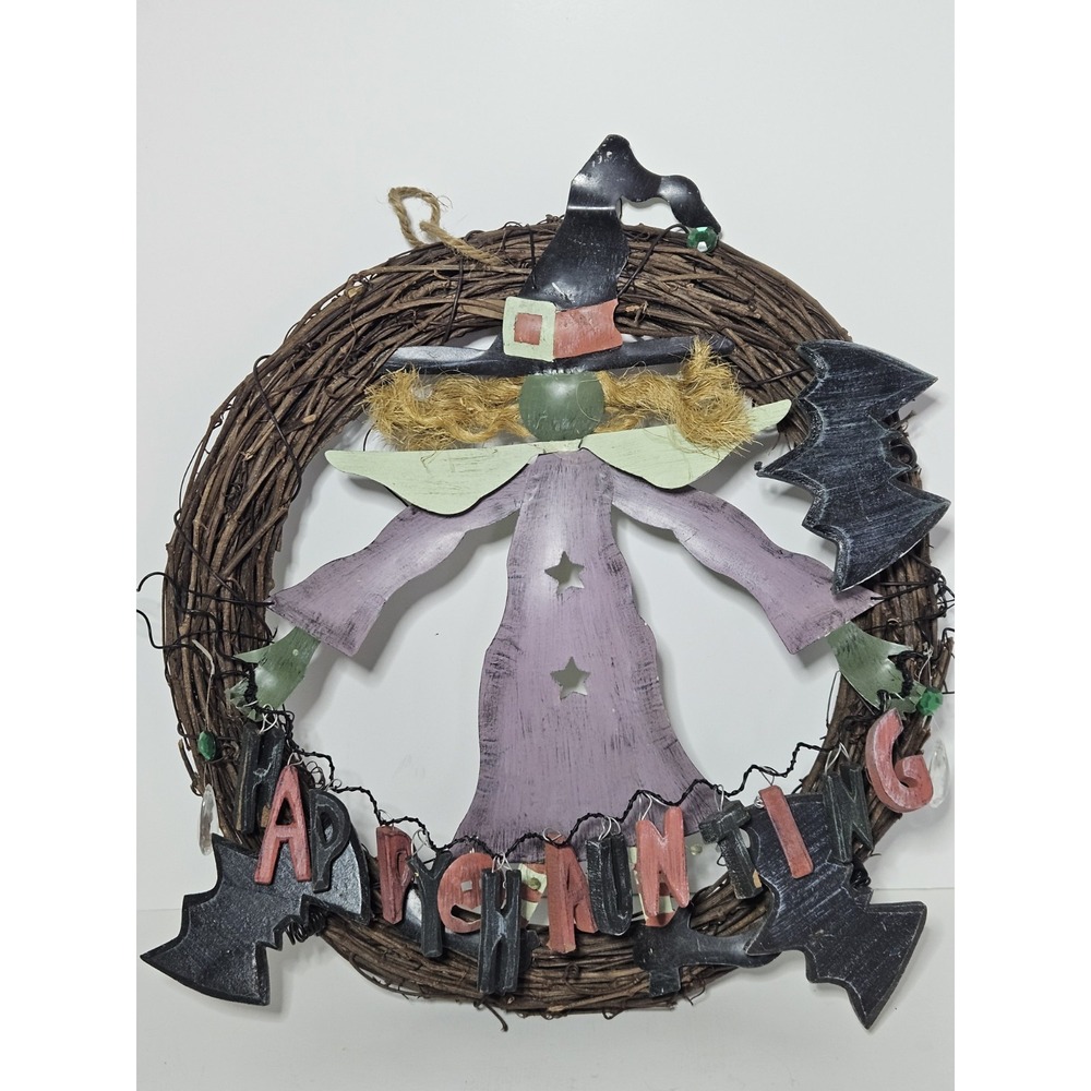 Halloween Witch Grapevine Wreath Happy Haunting Metal Art Door Hanging Vtg 14in